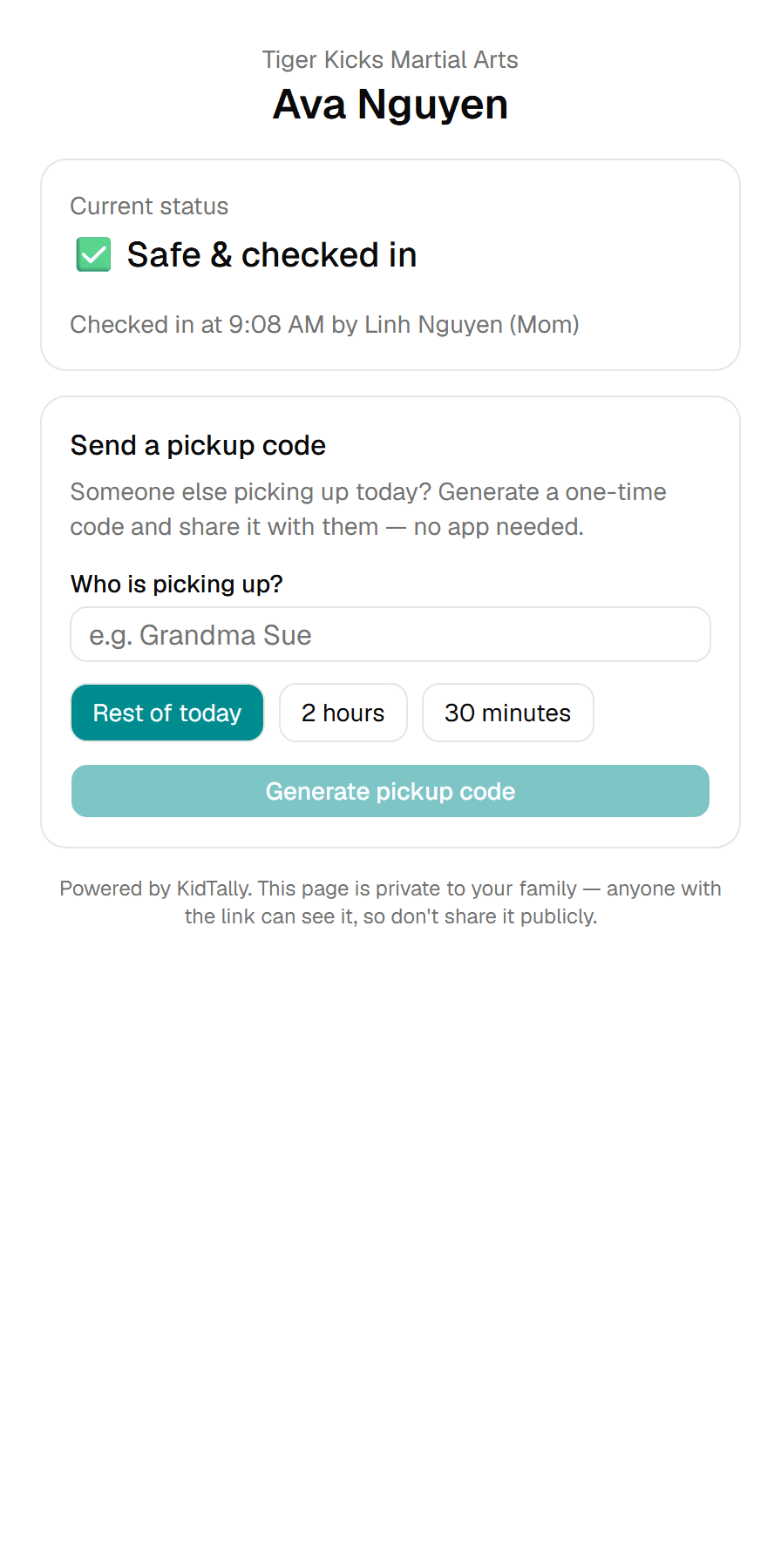 KidTally no-login parent status page showing a child checked in safely.